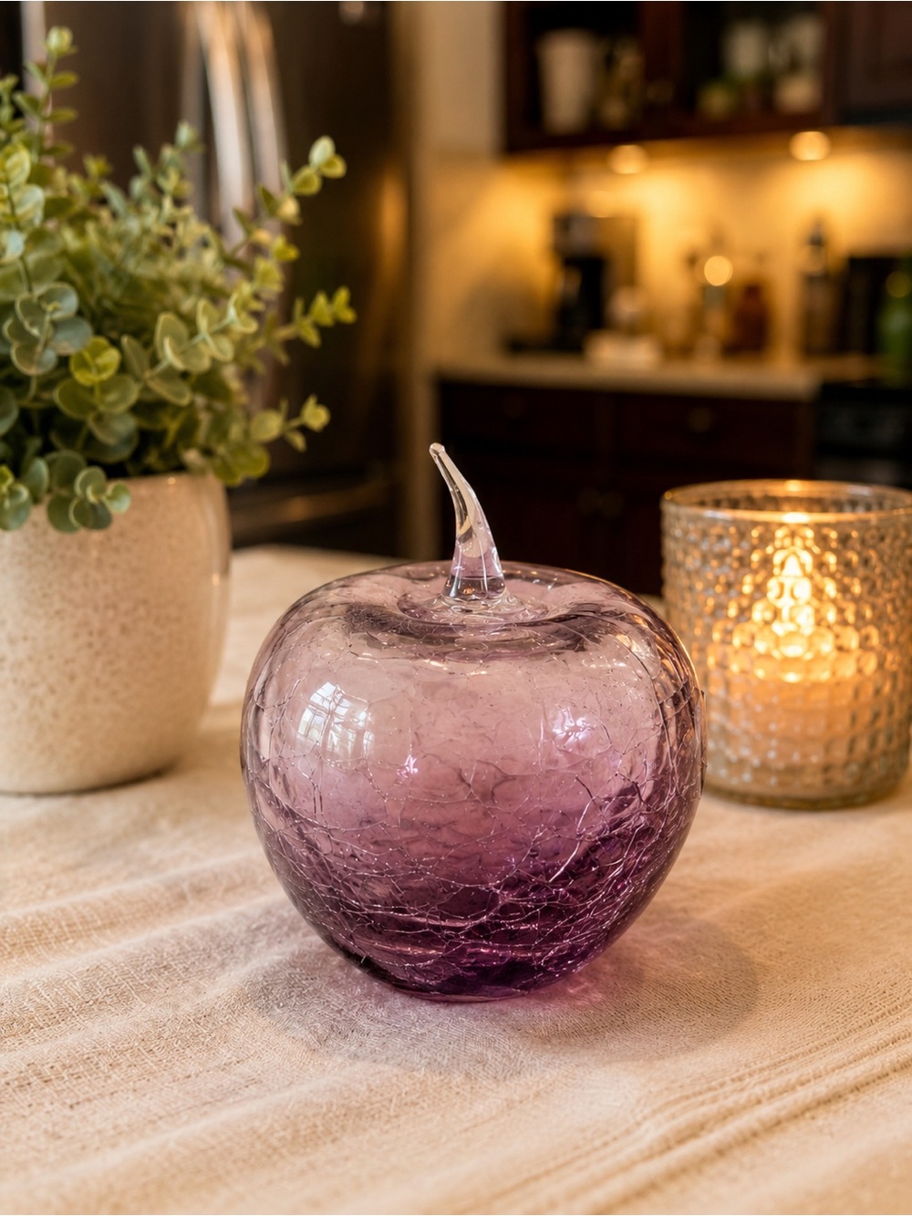 Vintage Amethyst Purple Crackle Glass Apple | Hand Blown Studio Art Glass